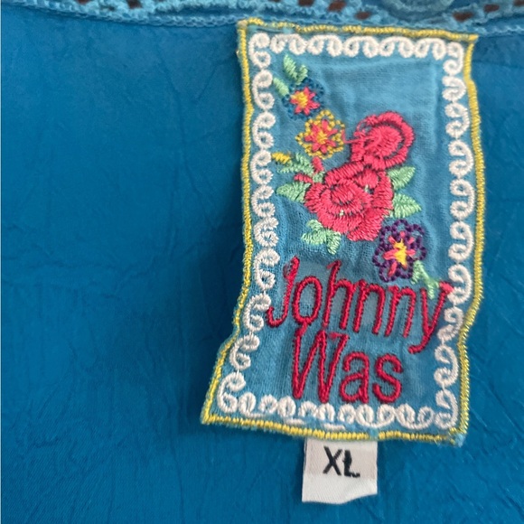 Johnny Was Turquoise short sleeve boho embroidered tunic hanker-chief top XL - Picture 10 of 11